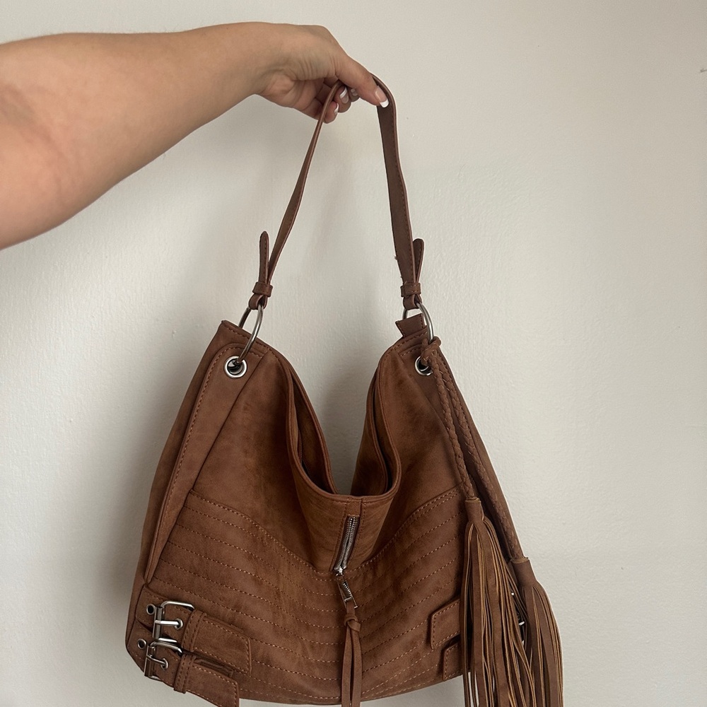 Brown Hobo Bag with Fringe and Soft Suede Material